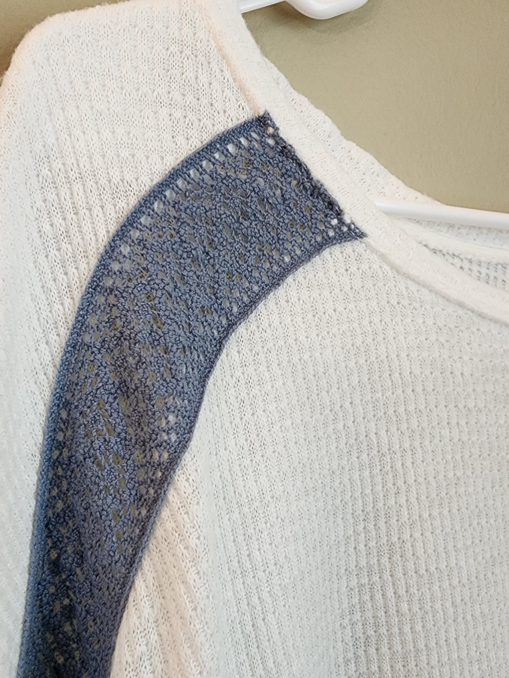 Free People White Waffle Pullover with Blue & Gold Patterned Balloon Sleeves - Picture 4 of 9